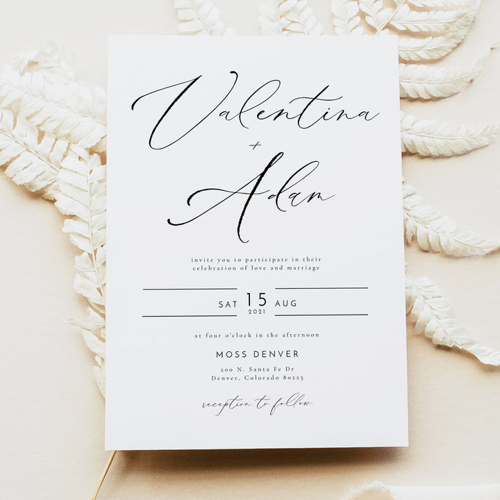 VALENTINA Elegant Black and White Wedding Invitation with Photo