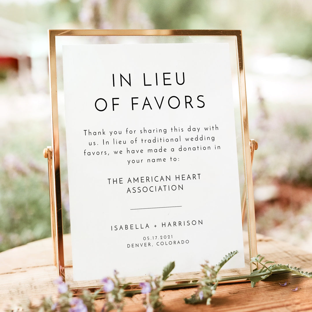 KENNEDY In Lieu of Favors Wedding Table Sign Unframed