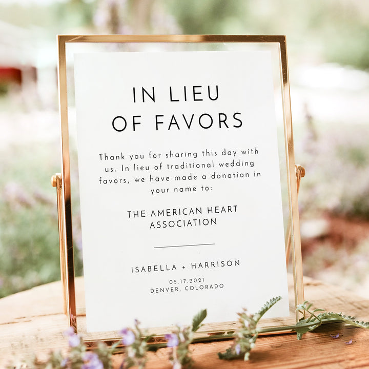 KENNEDY In Lieu of Favors Wedding Table Sign Unframed
