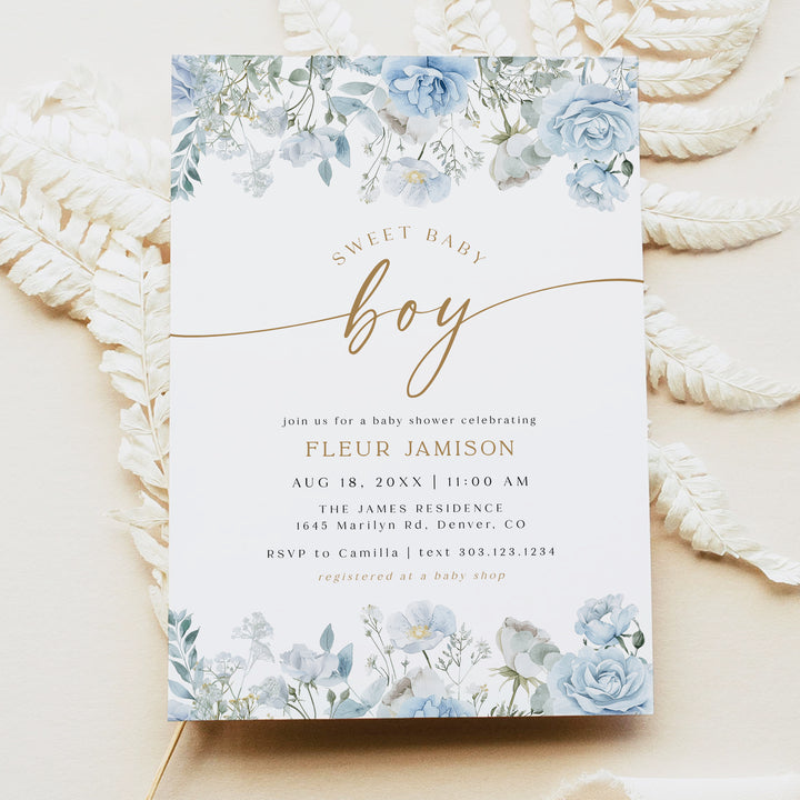 FLEUR Sweet Baby Boy Blue Floral Baby Shower Invitation