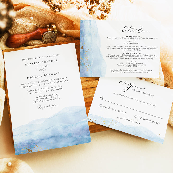 BLAKELY Light Blue Watercolor Wedding Photo Invitation Suite