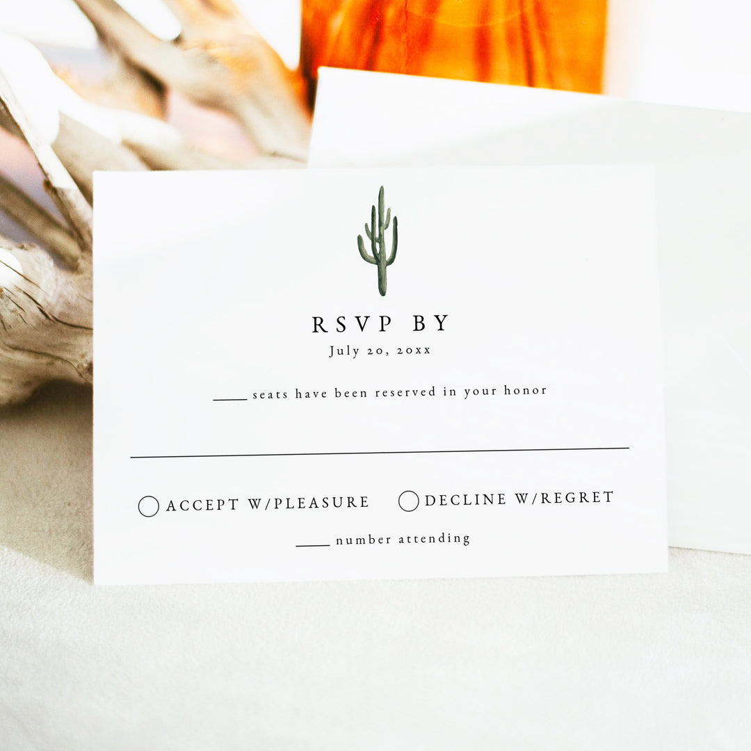 ELEANOR Dark Green Watercolor Cactus Wedding RSVP Card with Envelopes