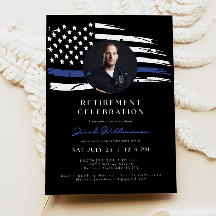 POLICE Tribute Photo Retirement Invitations with Thin Blue Line Flag
