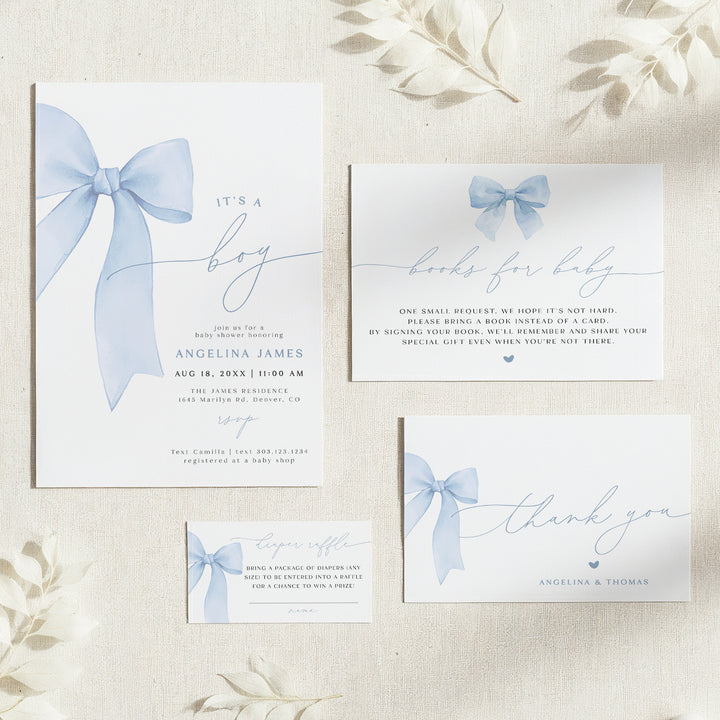 ANGELINA It's A Boy Blue Coquette Bow Baby Shower Invitation Suite
