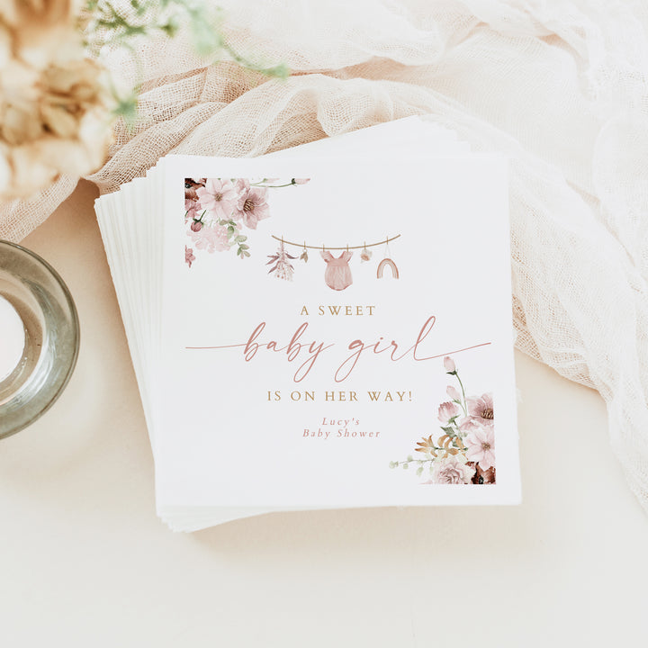 LUCY Personalized Pink Clothesline Boho Baby Shower Napkins
