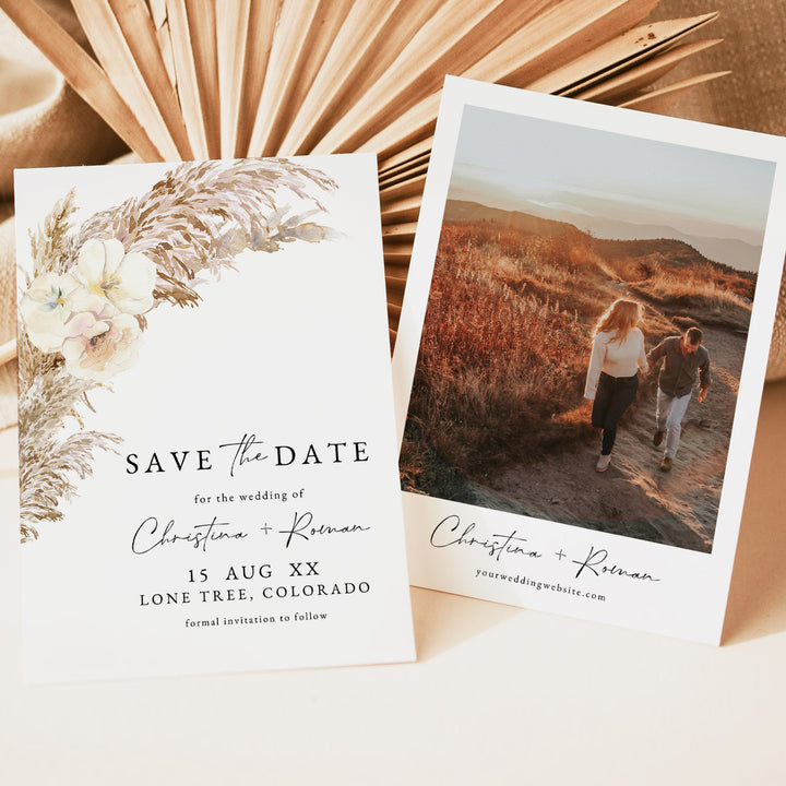 CIERA Boho Pampas Grass Terracotta Floral Save the Date Printed or Instant Download