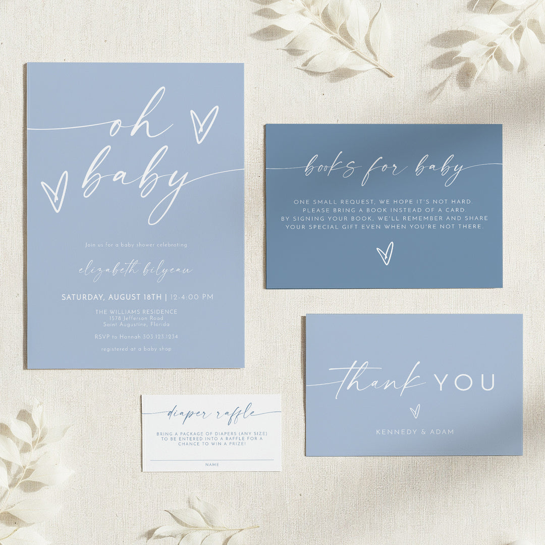 KENNEDY Dusty Blue Oh Baby Boy Baby Shower Invitation Bundle