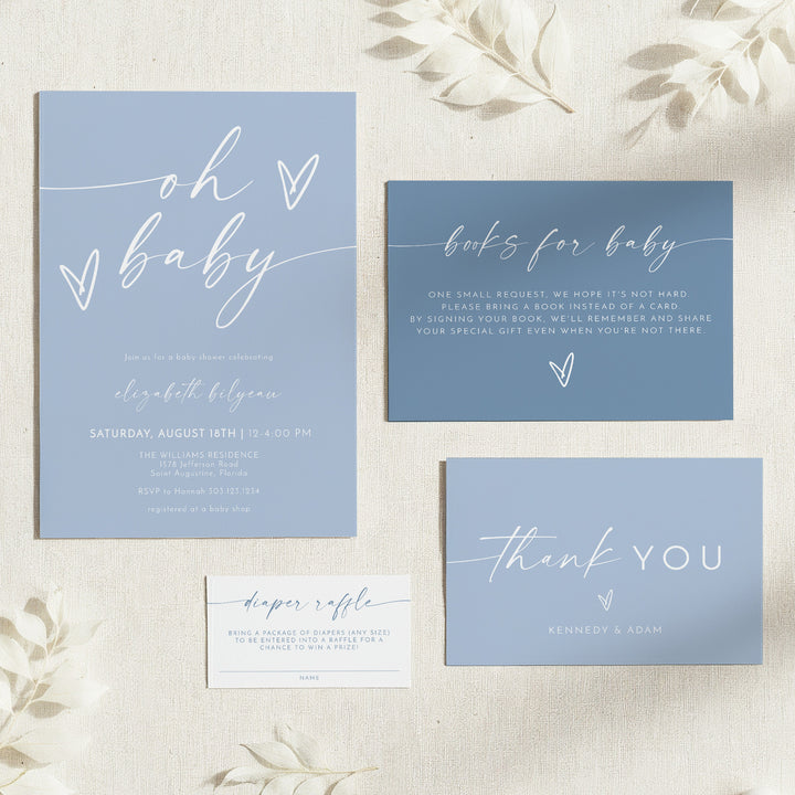 KENNEDY Dusty Blue Oh Baby Boy Baby Shower Invitation Bundle