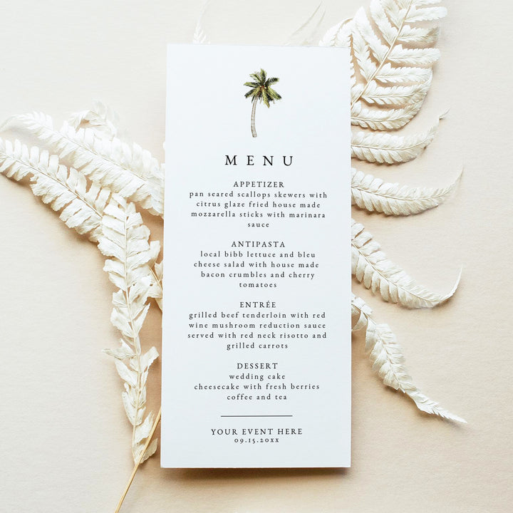 MONA Minimalist Palm Tree Destination Beach Menu Cards