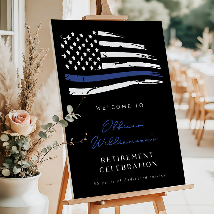 POLICE Black Retirement Party Sign with Thin Blue Line Police Flag