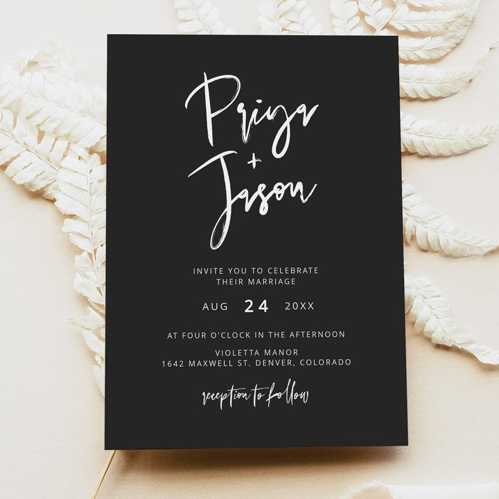 PRIYA Modern Minimalist Black Tie Wedding Invitation