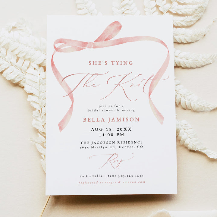 BELLA She's Tying The Knot Blush Pink Bow Bridal Shower Invite
