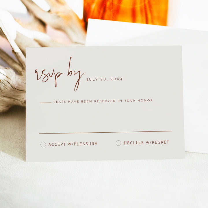 CORIANDER Minimalist Rust Boho Wedding RSVP Card with Envelopes