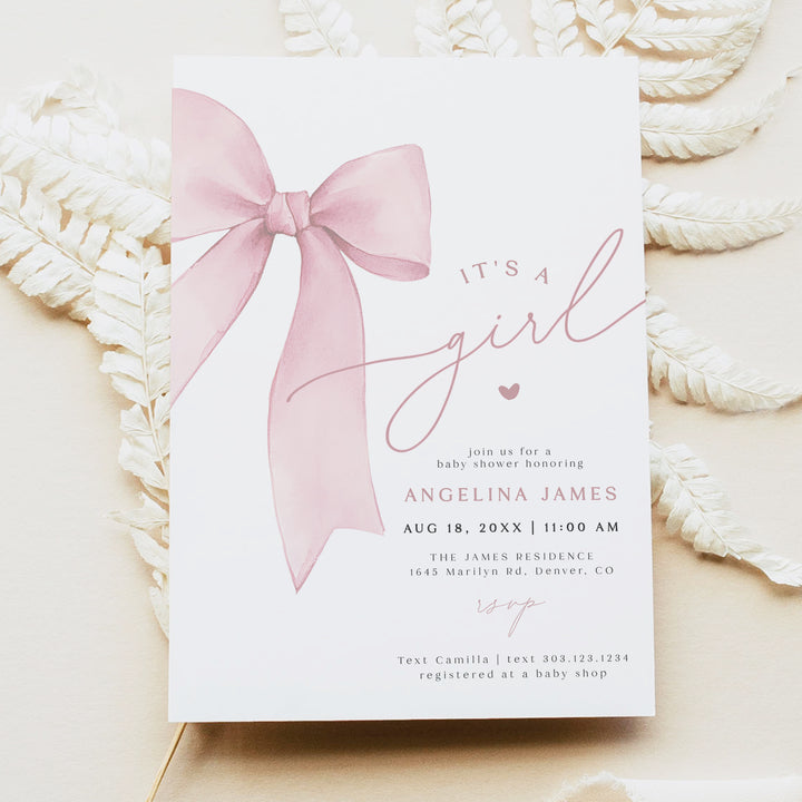 ANGELINA Blush Pink Bow Baby Girl Shower Invitation