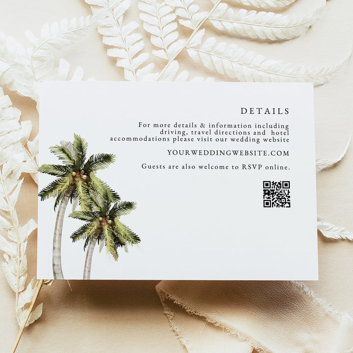 MONA Modern Minimal Tropical Palm Tree Wedding Details Card Printed or Instant Download