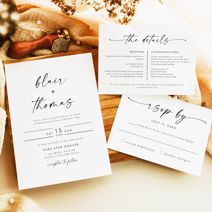 BLAIR Boho Wedding Invitation with Photo 3 Piece Suite