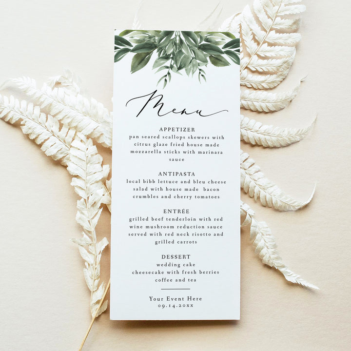 LANA Minimalist Greenery Menu Cards for Elegant Wedding