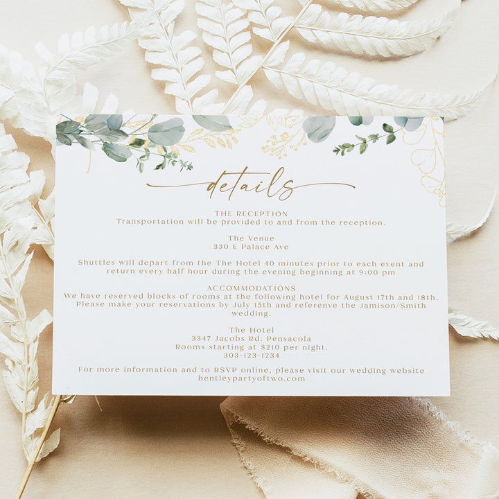CALIA Sage Green and Gold Garden Wedding Details Card