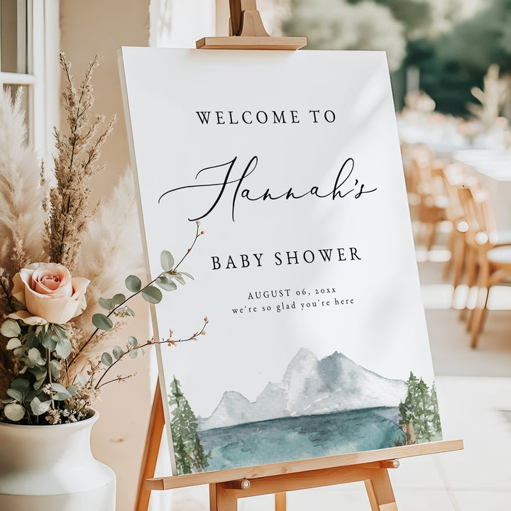 CLOVER Mountain and Lake Watercolor Woodland Baby Shower Welcome Sign