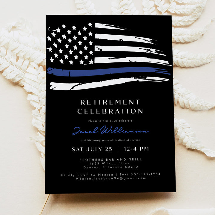 POLICE Retirement Invitation with Thin Blue Line Flag and Photo