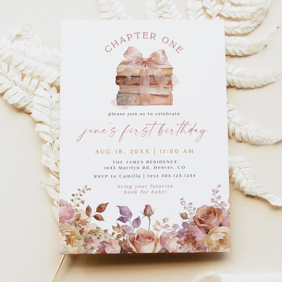 JANE Blush Pink Floral Storybook First Birthday Party Invitation