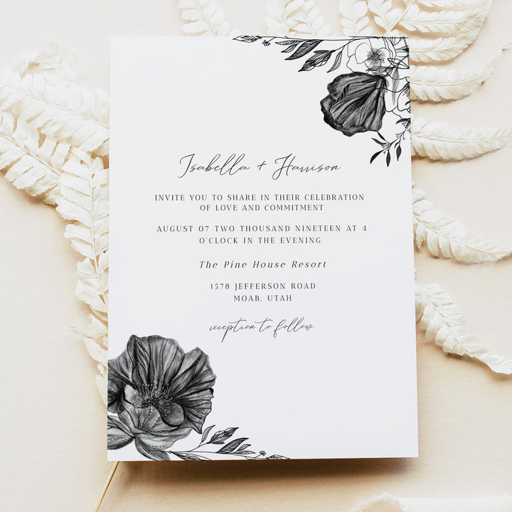 NOVA Elegant Black and White Floral Wedding Invitations
