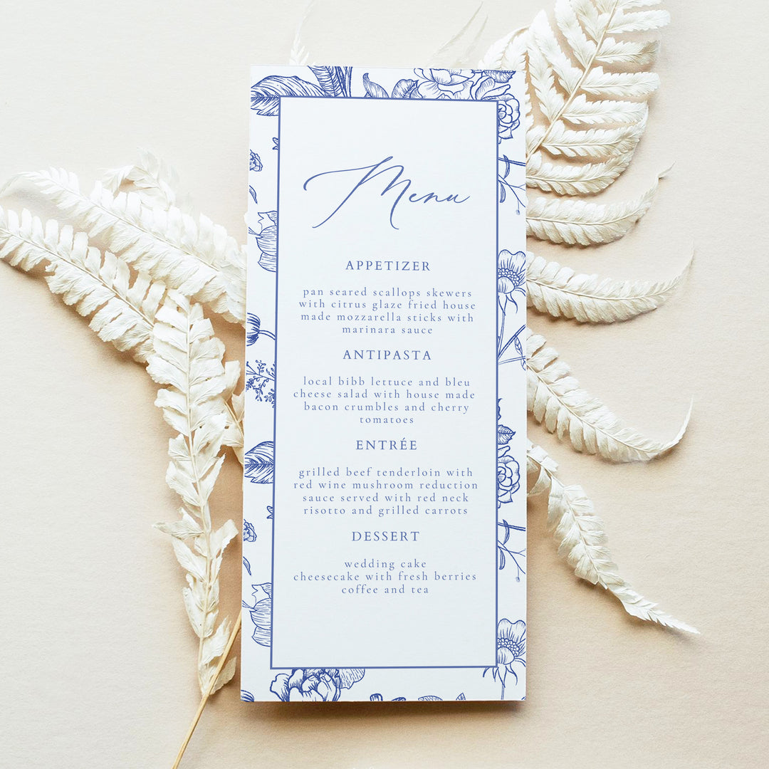 AURELIA Elegant Blue Vintage Chinoiserie Wedding Menu Cards