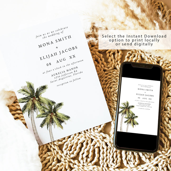 MONA Modern Minimalist Tropical Palm Tree Wedding Invitation Printed or Instant Download