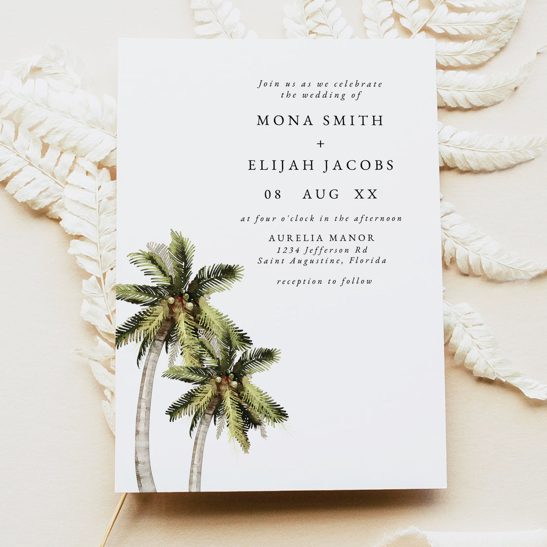 MONA Modern Minimalist Tropical Palm Tree Wedding Invitation Printed or Instant Download