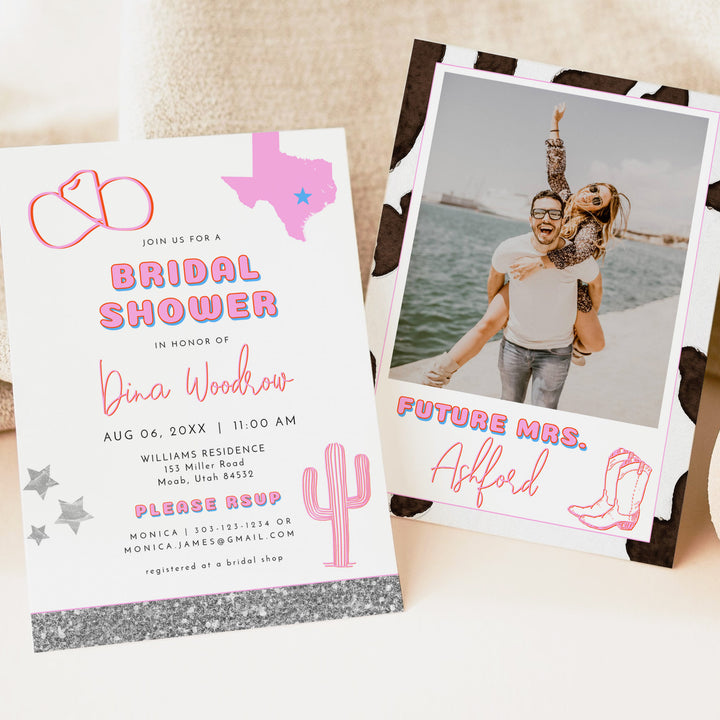 DINA Retro Space Cowgirl Texas Bridal Shower Invitation with Photo
