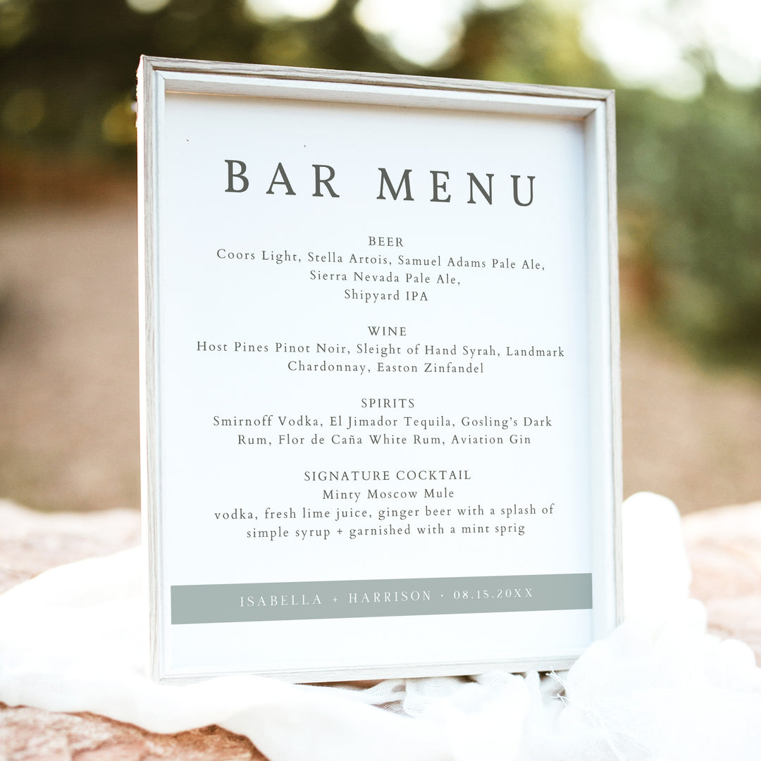NINA Simple Sage Green Boho Wedding Bar Menu Sign Unframed