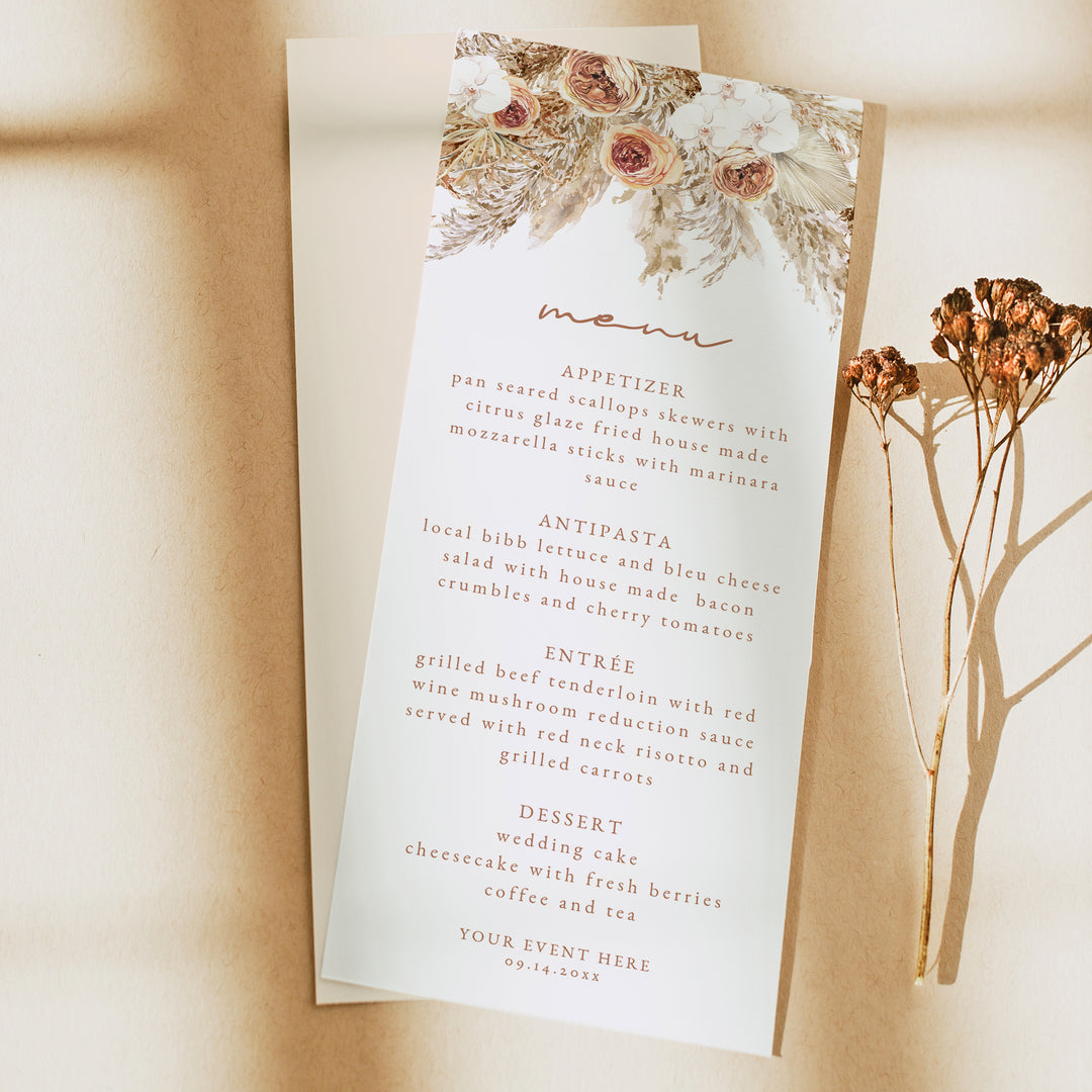 CIERA Burnt Orange Fall Florals and Pampas Menu Cards