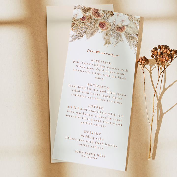 CIERA Burnt Orange Fall Florals and Pampas Menu Cards