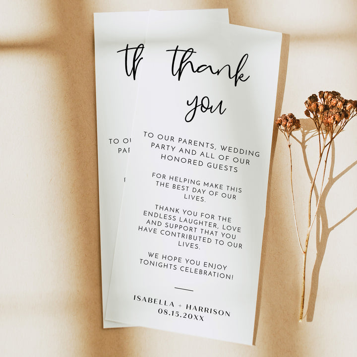 WILLOW Simple Black and White Boho Wedding Table Thank You Cards