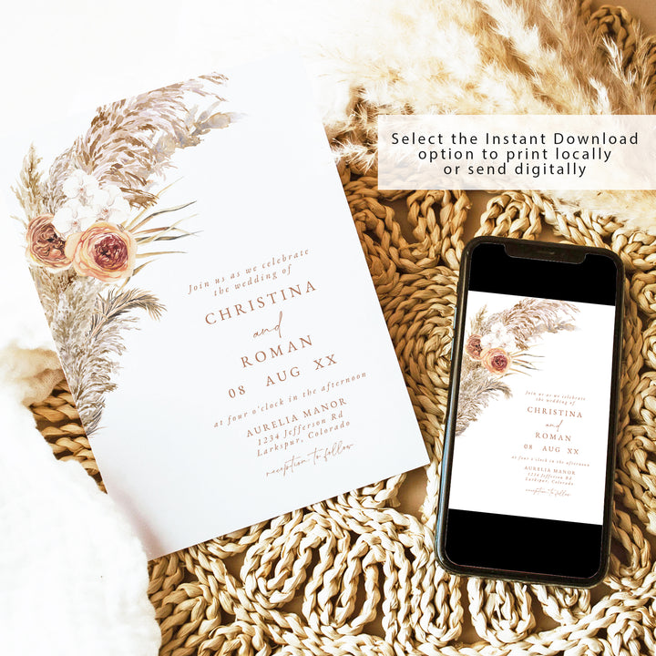 CIERA Boho Pampas Grass Terracotta Floral Wedding Invitation Printed or Instant Download