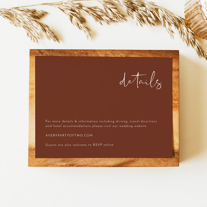 CORIANDER Simple Burnt Orange Desert Wedding Details Card