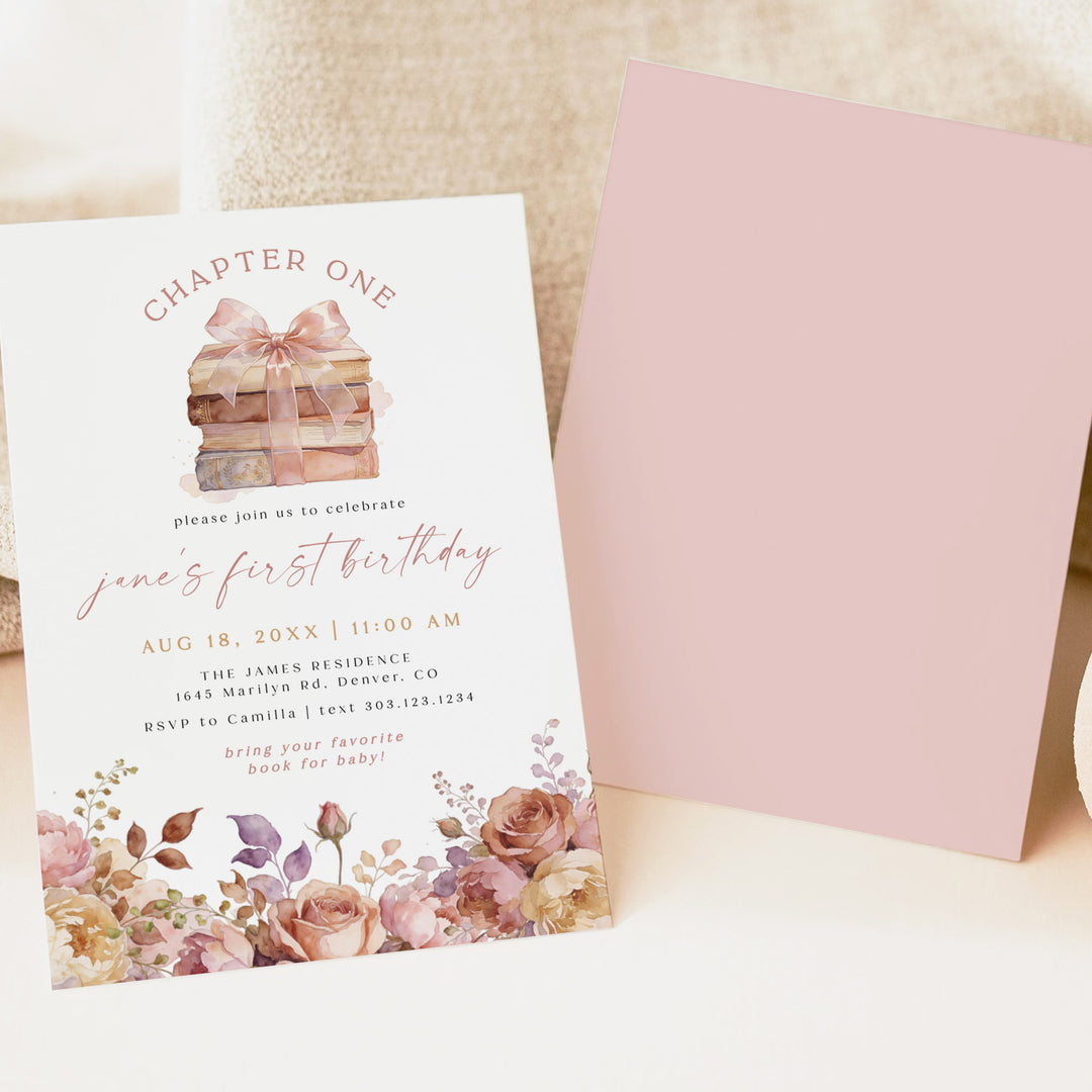 JANE Blush Pink Floral Storybook First Birthday Party Invitation