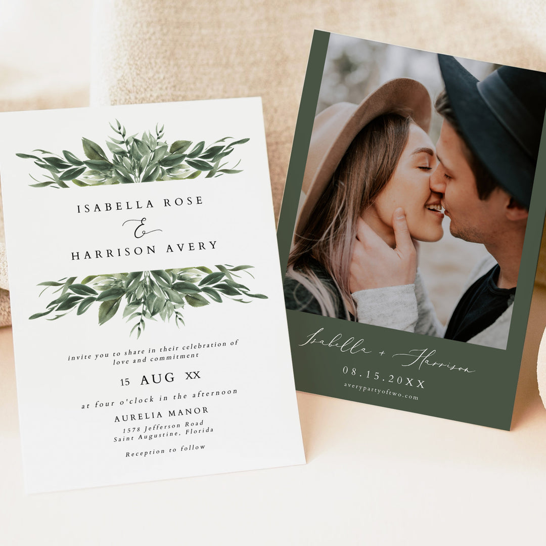 LANA Romantic Sage Green Botanical Photo Wedding Invitation
