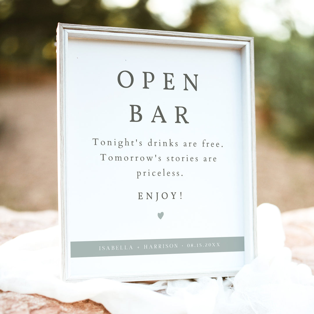 NINA Modern Sage Green Open Bar Wedding Sign Unframed