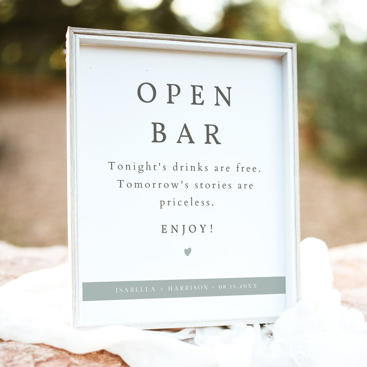 NINA Modern Sage Green Open Bar Wedding Sign Unframed