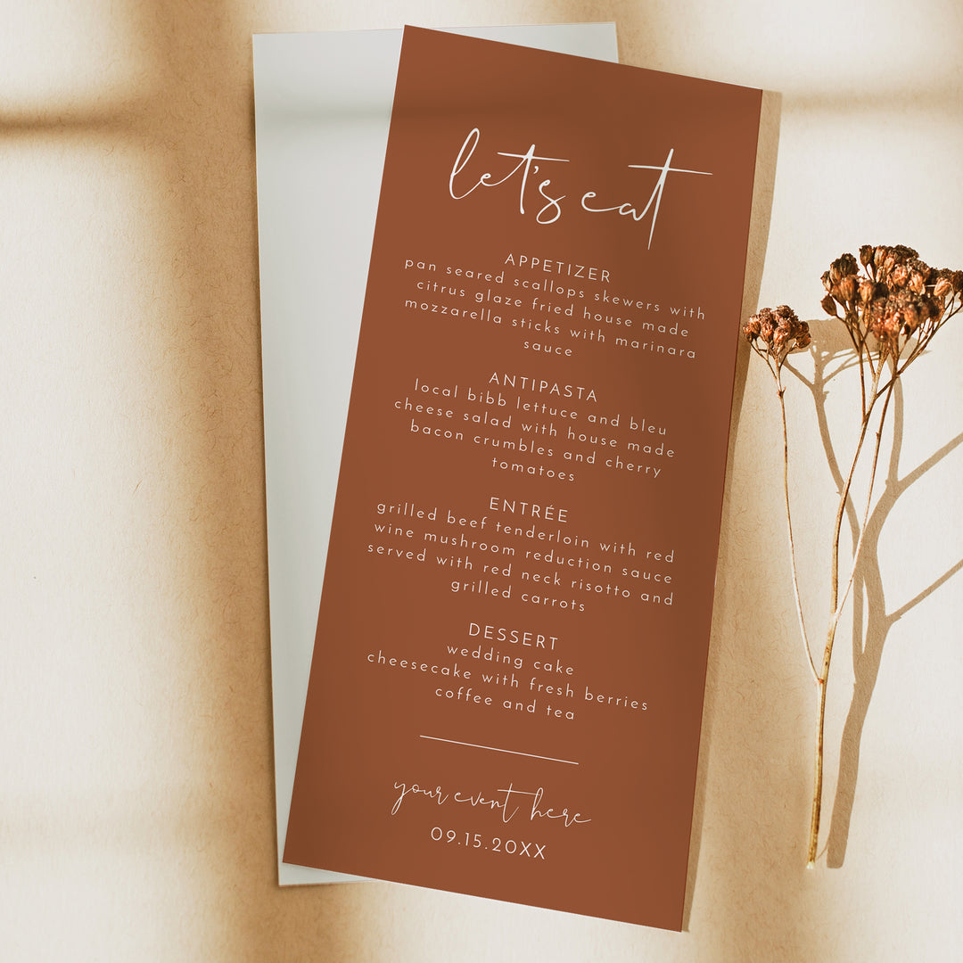 CORIANDER Burnt Orange Desert Wedding Dinner Menu Cards