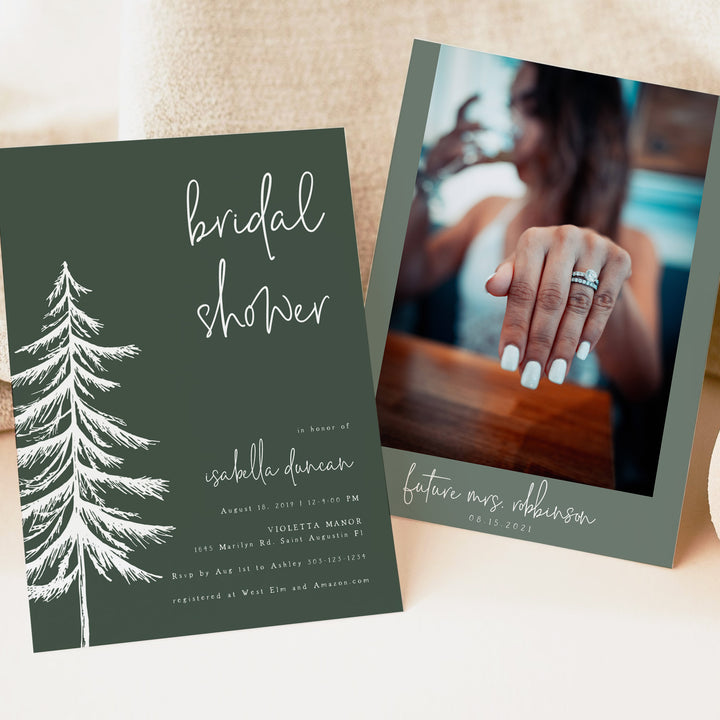ASH Rustic Forest Green Pine Tree Bridal Shower Photo Invite