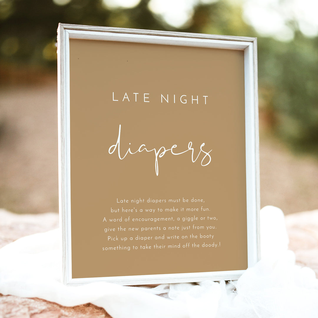 INDIE Taupe Late Night Diapers Baby Shower Sign - Unframed