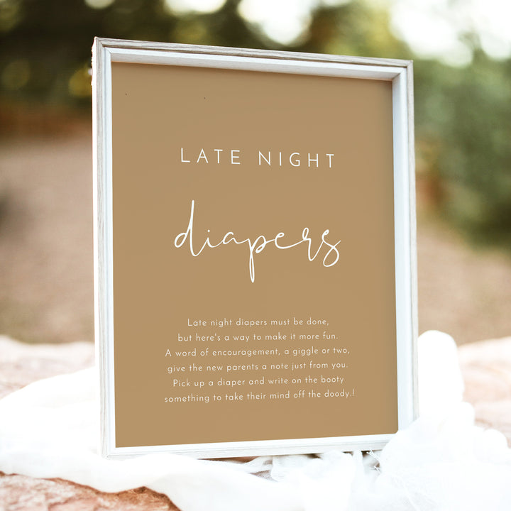 INDIE Taupe Late Night Diapers Baby Shower Sign - Unframed