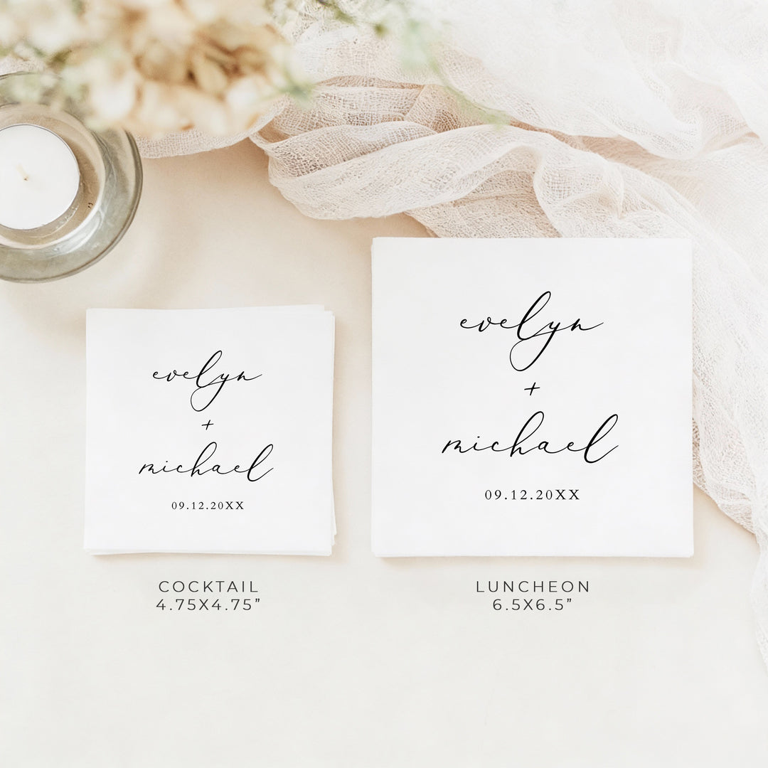 EVELYN Personalized Black and White Mininalist Wedding Napkins