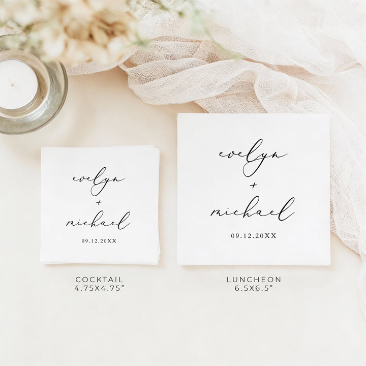 EVELYN Personalized Black and White Mininalist Wedding Napkins