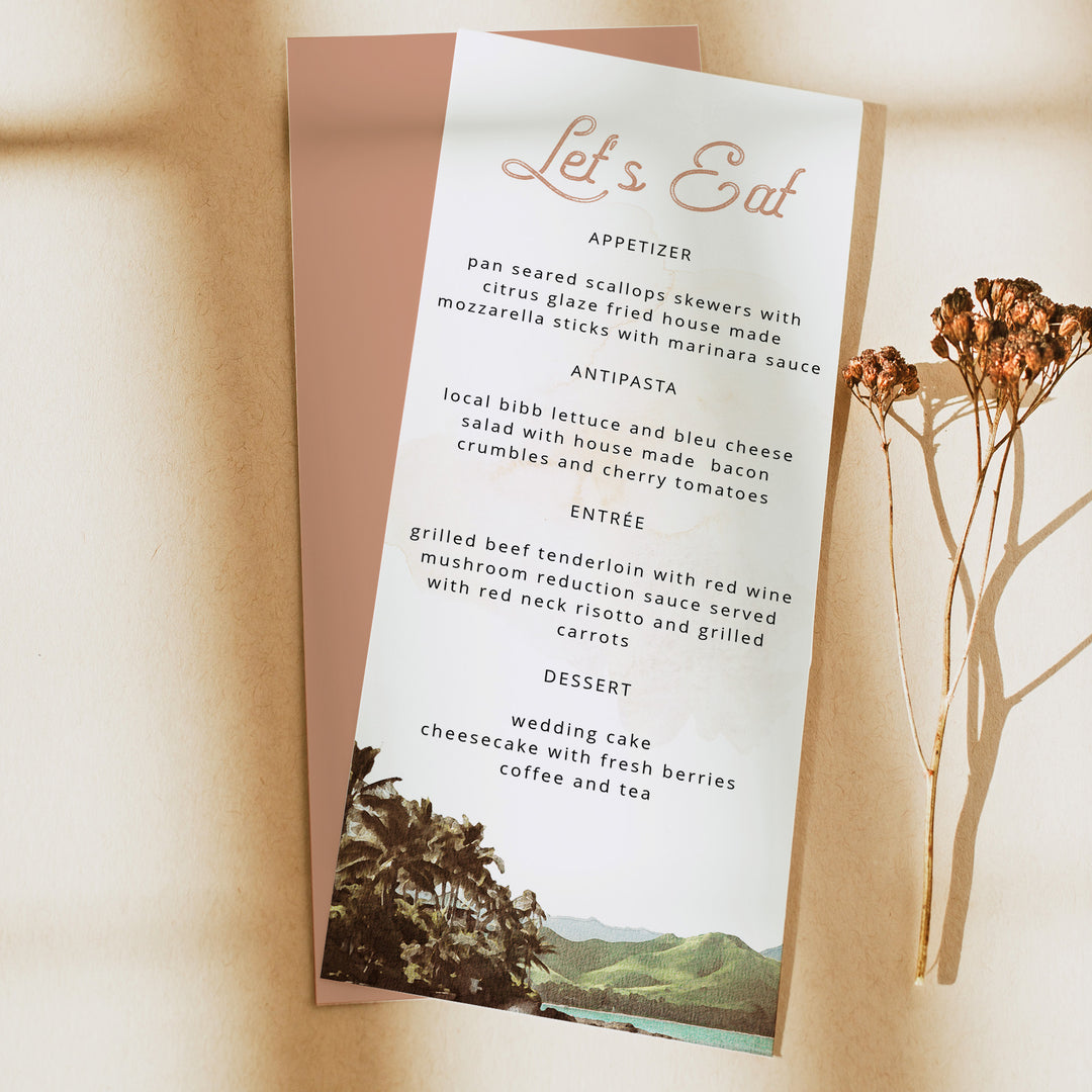 NANI Vintage Terracotta Hawaiian Wedding Menu Cards