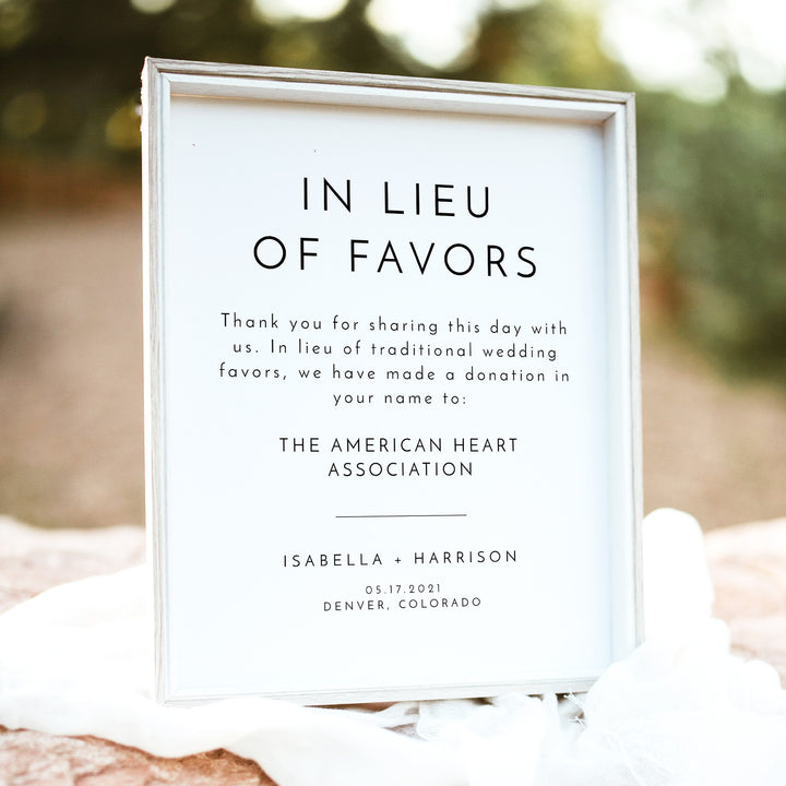 KENNEDY In Lieu of Favors Wedding Table Sign Unframed