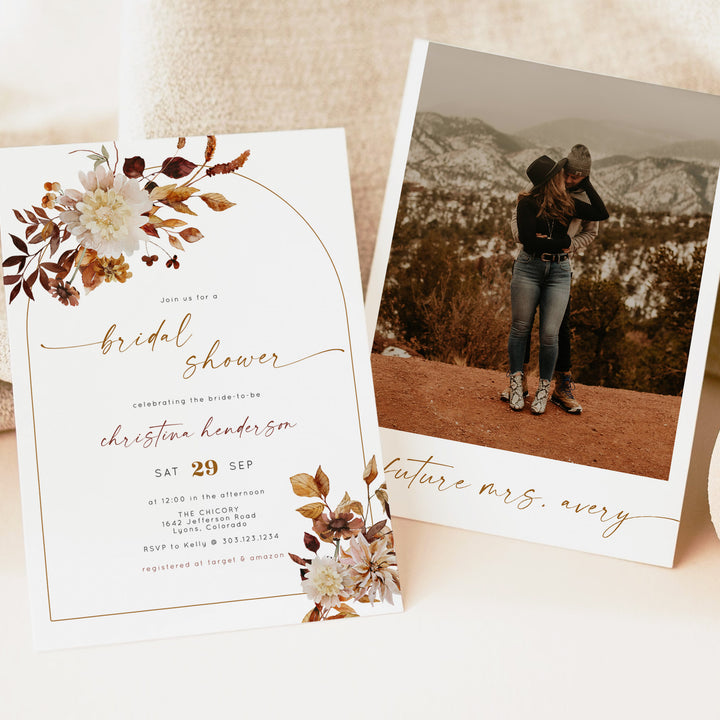 TALIA Blush Autumn Boho Floral Bridal Shower Invitation with Photo