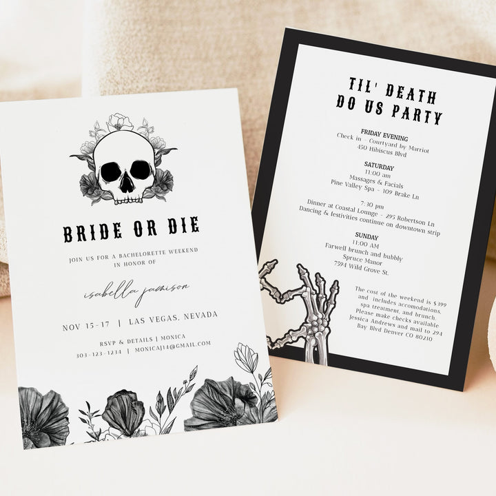NOVA Bride or Die Bachelorette Invitation & Weekend Itinerary